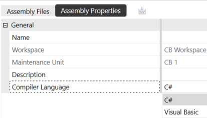 Assembly Properties tab open displaying the Compiler Language field and drop-down menu